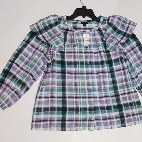 NWT Ann Taylor Cotton Plaid Ruffle Sleeve Top, Size S - Picture 5 of 9
